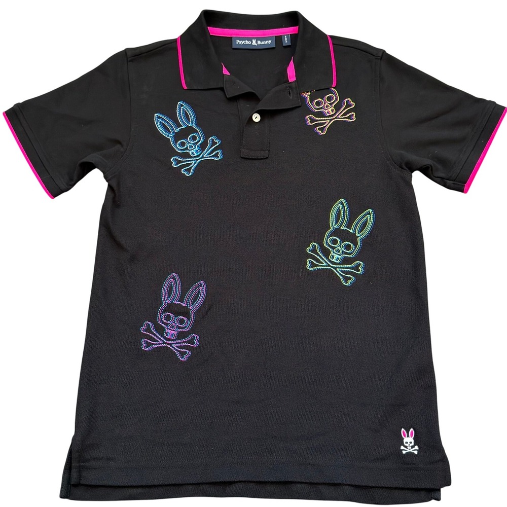 Psycho Bunny Polo Shirt Size L 14-16 Black Neon Logo Cotton